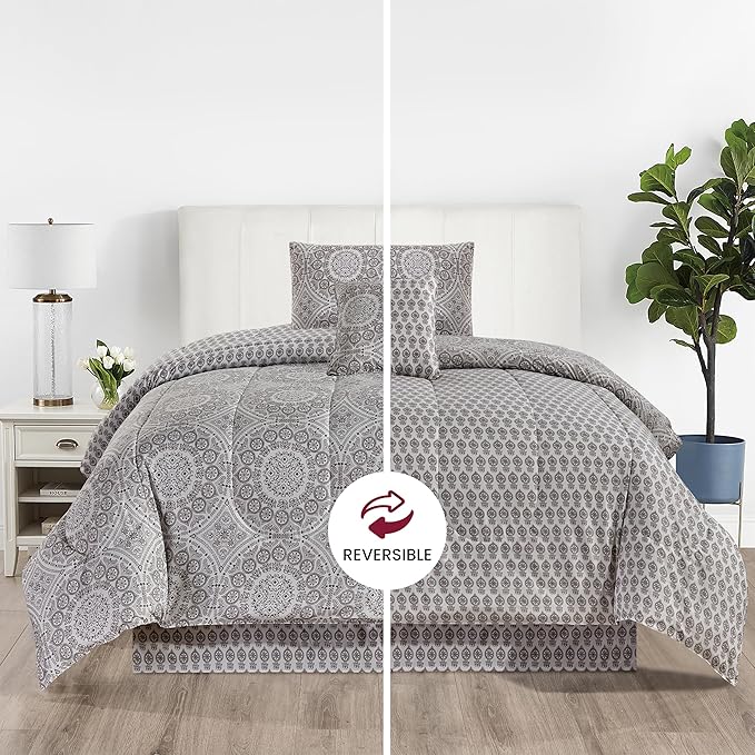 LUX Décor Reversible 4pc Twin Comforter Set, Printed Bedding Set, All-in-One Bed in a Bag, Includes 1 Comforter, 1 Pillow Sham, 1 Decor Pillow & 1 Bed Skirt (Aztec Grey,Twin)