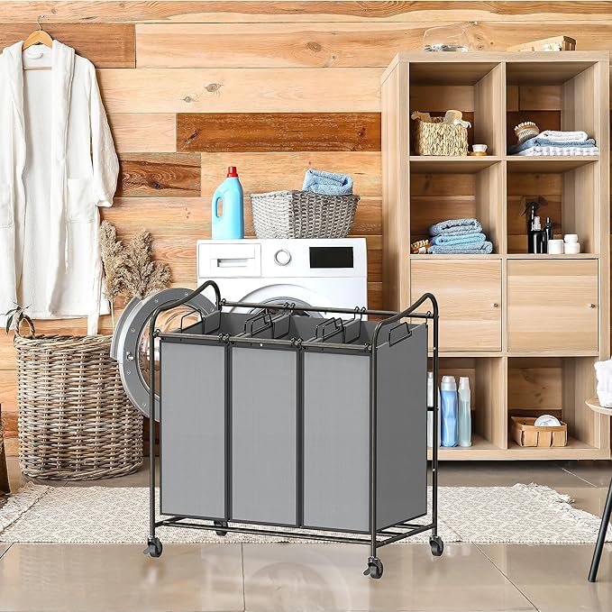 Simple Houseware Heavy Duty 3-Bag Laundry Sorter Rolling Cart, Dark Grey – Durable Triple Laundry Hamper with Removable Bags and Lockable Wheels for Efficient Laundry Organization - Image 7