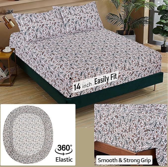 RUVANTI 100% Cotton Sheets – California King Percale Bedding, Cooling & Breathable Floral Design, Durable with a Crisp, Soft & Comfortable Feel, 14" Deep Pocket, 4-Piece Set, Teal Paisley