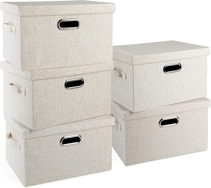 Graciadeco Medium 15" 21 Quart Collapsible Stackable Storage Bins with Lids, 5 Packs Beige Foldable Fabric Closet Boxes Heavy-duty Linen Cube Baskets Container for Bedroom Office (15 x 11 x 8) by GraciadecoStorage
