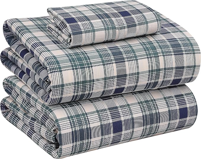 RUVANTI 100% Cotton Sheets – Twin Size Percale Bedding, Cooling & Breathable Floral Design, Durable with a Crisp, Soft & Comfortable Feel, 16" Deep Pocket, 3-Piece Set, Greenish Blue Plaid