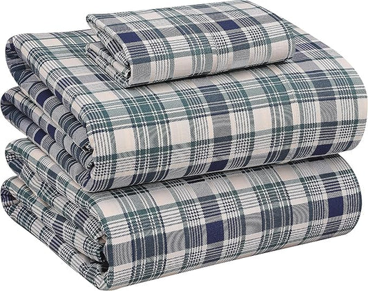 RUVANTI 100% Cotton Sheets – Twin Size Percale Bedding, Cooling & Breathable Floral Design, Durable with a Crisp, Soft & Comfortable Feel, 16" Deep Pocket, 3-Piece Set, Greenish Blue Plaid
