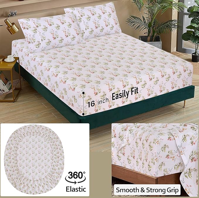 RUVANTI 100% Cotton Sheets – Full Size Percale Bedding, Cooling & Breathable Floral Design, Durable with a Crisp, Soft & Comfortable Feel, 16" Deep Pocket, 4-Piece Set, Floral Bliss