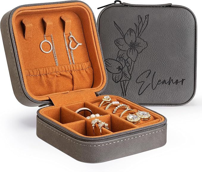 Custom Leather Jewelry Box w/Name & Birth Flower Month - Birthday Gifts for Women, Personalized Jewelry Travel Case - Customized Jewelry Organizer Box, Mom Birthday Gifts - Gray by PersonalizationLab