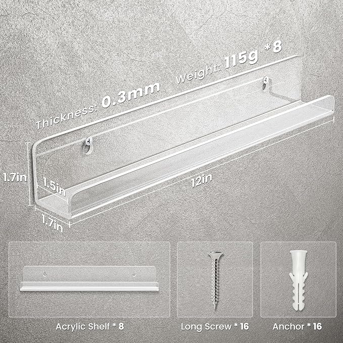 Gotega 8 Pack Vinyl Record Shelf Wall Mount, 12 inch Album Record Holder Display, Clear Acrylic Floating Shelves for Wall, Suitable for Bedroom, Living Room, Magazine Shelf, Kids Bookshelf, etc - Image 3