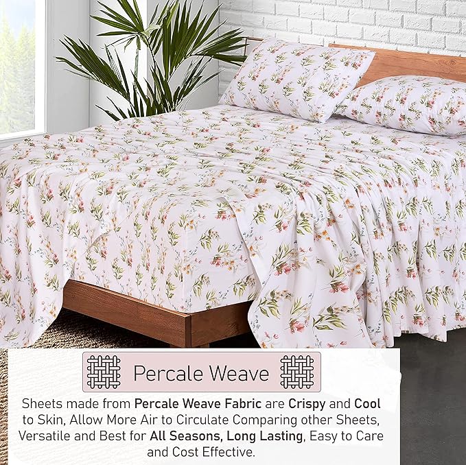 RUVANTI 100% Cotton Sheets – King Size Percale Bedding, Cooling & Breathable Floral Design, Durable with a Crisp, Soft & Comfortable Feel, 16" Deep Pocket, 4-Piece Set, Floral Bliss