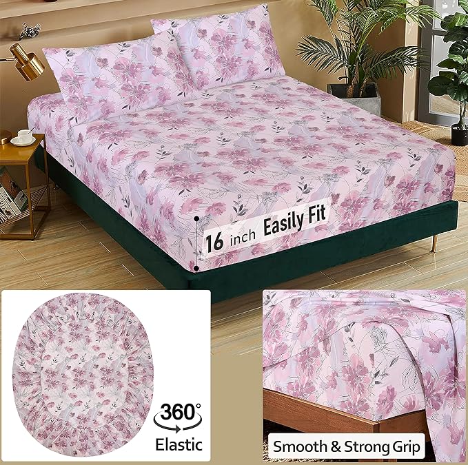 RUVANTI 100% Cotton Sheets – King Size Percale Bedding, Cooling & Breathable Floral Design, Durable with a Crisp, Soft & Comfortable Feel, 16" Deep Pocket, 4-Piece Set, Lilac Floral