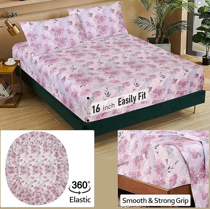 RUVANTI 100% Cotton Sheets – Queen Size Percale Bedding, Cooling & Breathable Floral Design, Durable with a Crisp, Soft & Comfortable Feel, 16" Deep Pocket, 4-Piece Set, Lilac Floral
