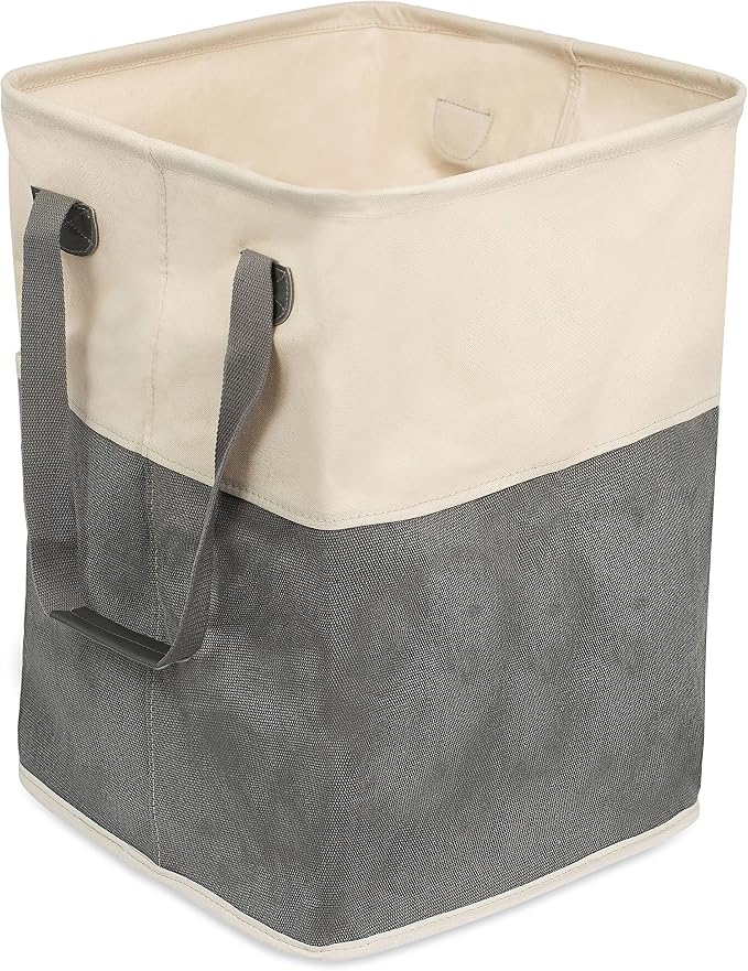 BirdRock Home Square Cloth Laundry Hamper with Handles - Dirty Clothes Sorter - Easy Storage - Foldable - Grey and White Canvas by BIRDROCKHOME