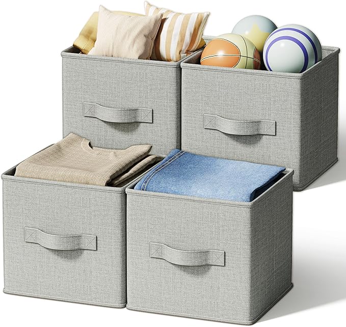LayerSpace 4 Pack Foldable Fabric Closet Storage Bins, 11Inch Organizer Cubes with Handles, Linen Storage Boxes for Clothes, Toys, Books and Home Organization,Gray by LaySpace-YourRoomOrganizer