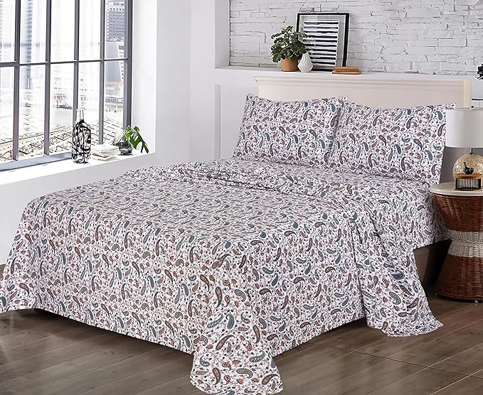 RUVANTI 100% Cotton Sheets – California King Percale Bedding, Cooling & Breathable Floral Design, Durable with a Crisp, Soft & Comfortable Feel, 14" Deep Pocket, 4-Piece Set, Teal Paisley