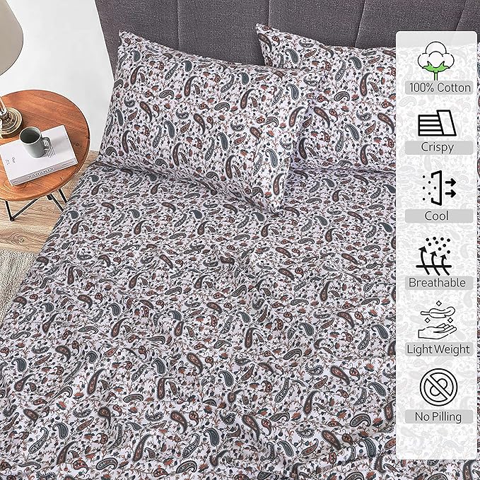 RUVANTI 100% Cotton Sheets – Twin Size Percale Bedding, Cooling & Breathable Floral Design, Durable with a Crisp, Soft & Comfortable Feel, 16" Deep Pocket, 3-Piece Set, Teal Paisley