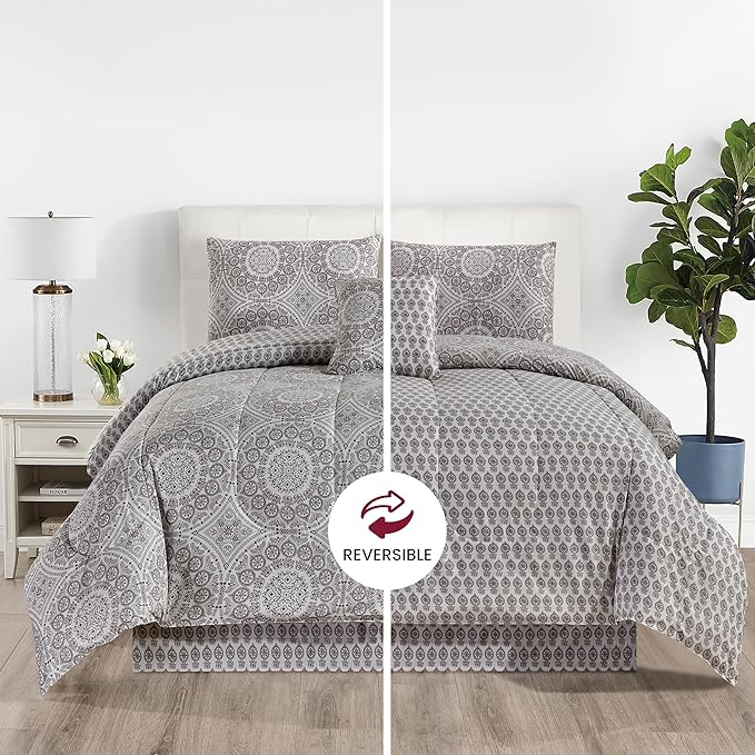 LUX Décor Reversible 5pc King Comforter Set, Printed Bedding Set, All-in-One Bed in a Bag, Includes 1 Comforter, 2 Pillow Shams, 1 Decorative Pillow & 1 Bed Skirt (Aztec Grey,King)