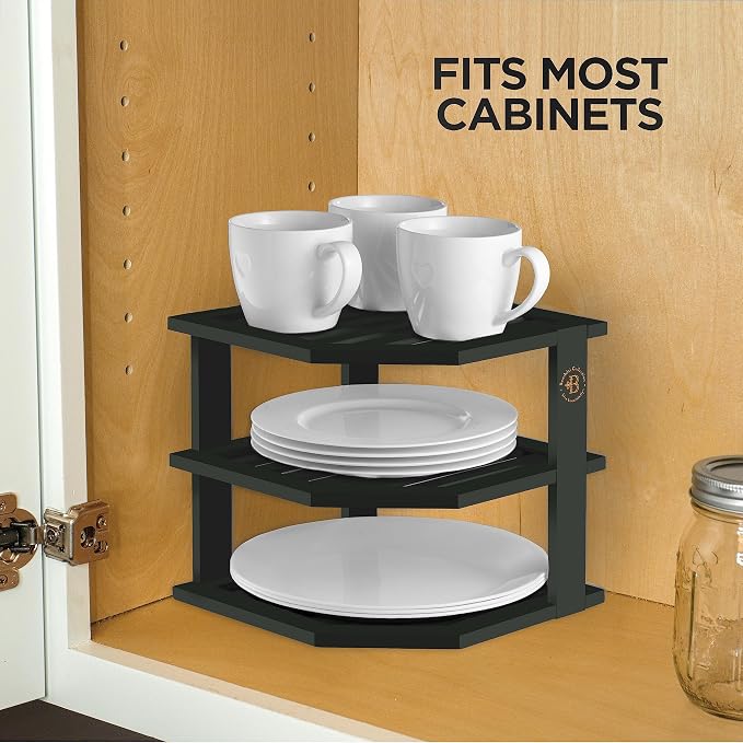 Bambüsi Plate Organizer for Cabinet - Corner Cabinet Organizer and Kitchen Cabinet Organizer Shelf, Kitchen Countertop Organizer for Plates, Dishes and Bowls, Space Saving Corner Rack, Black - Image 4