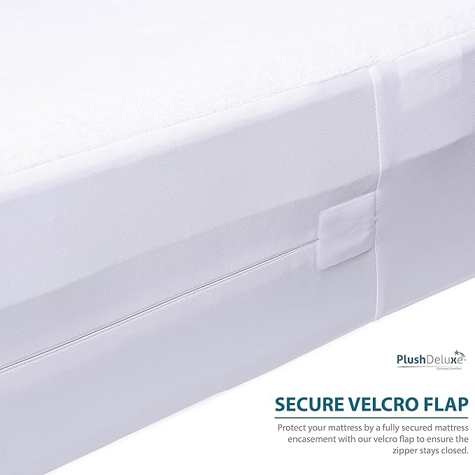 PlushDeluxe Queen Size Premium Mattress Encasement - Zippered Waterproof, Bedbug Proof Design, 6-Sided Protection - Hypoallergenic Cotton Terry Fabric 9-12" Depth