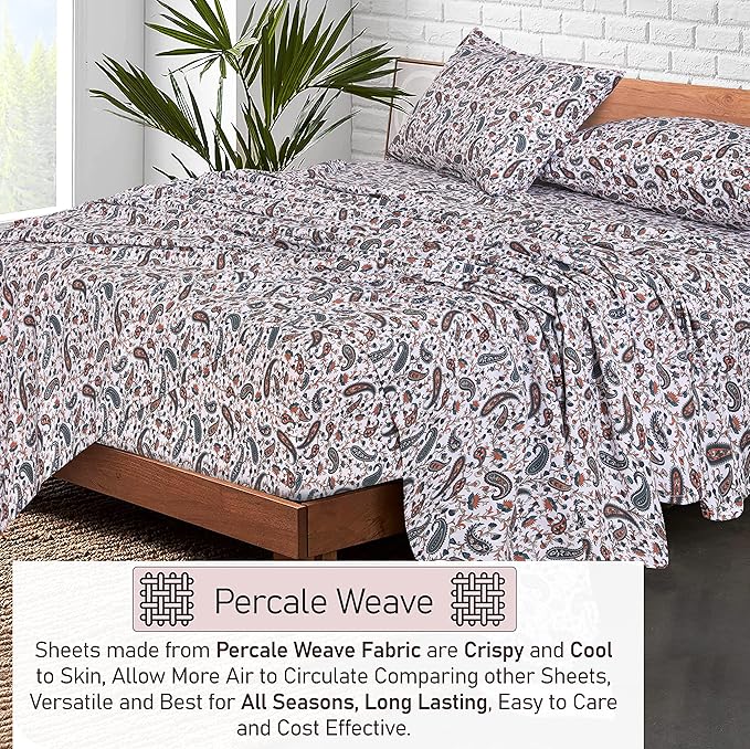 RUVANTI 100% Cotton Sheets – Twin XL Size Percale Bedding, Cooling & Breathable Floral Design, Durable with a Crisp, Soft & Comfortable Feel, 16" Deep Pocket, 3-Piece Set, Teal Paisley