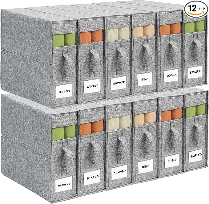 12Pack Sheet Organizers and Storage - King/Queen Size Sheet Storage Organizer with Window, Foldable & Dustproof Sheet Organizer for Linen Closet for Summer Blankets & Sheet Sets,Grey by ZenStorage