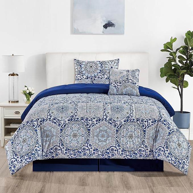 LUX Décor Reversible 4pc Twin Comforter Set, Printed Bedding Set, Microfiber Bed in a Bag, Includes 1 Comforter, 1 Pillow Sham, 1 Decor Pillow & 1 Bed Skirt (Aztec Blue,Twin)