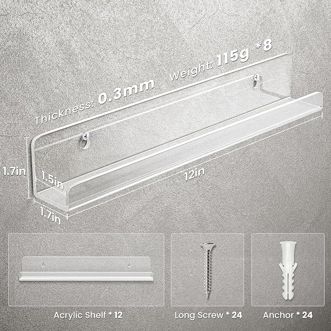 Gotega 12 Pack Vinyl Record Shelf Wall Mount, 12 inch Album Record Holder Display, Clear Acrylic Floating Shelves for Wall, Suitable for Bedroom, Living Room, Magazine Shelf, Kids Bookshelf, etc - Image 3