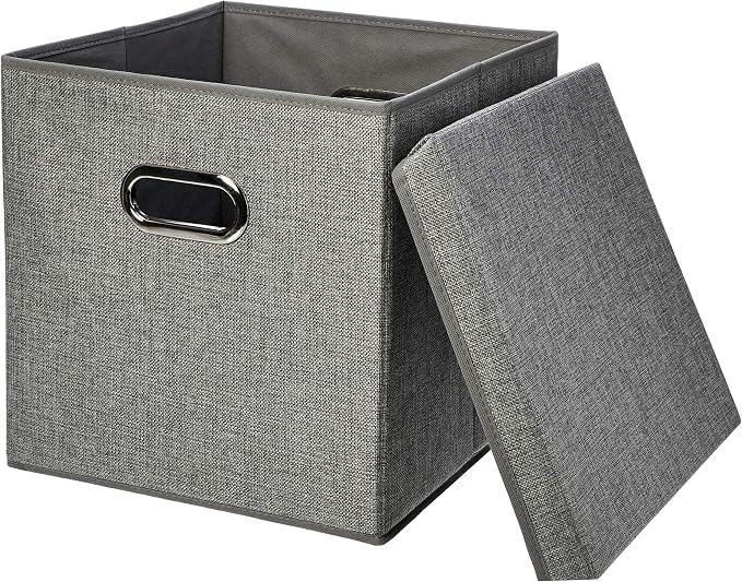 Amazon Basics Foldable Burlap Cloth Cube Storage Bins with Lid, Collapsible Organizing Containers, Stackable and Sturdy, Gray, Set of 2 by AmazonBasics