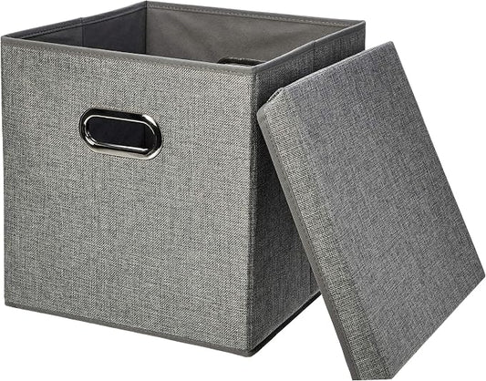 Amazon Basics Foldable Burlap Cloth Cube Storage Bins with Lid, Collapsible Organizing Containers, Stackable and Sturdy, Gray, Set of 2 by AmazonBasics