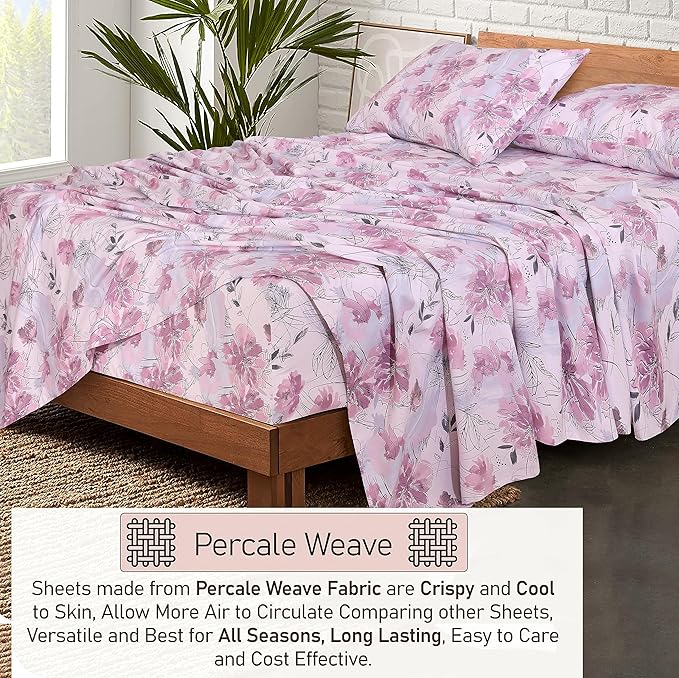 RUVANTI 100% Cotton Sheets – Queen Size Percale Bedding, Cooling & Breathable Floral Design, Durable with a Crisp, Soft & Comfortable Feel, 16" Deep Pocket, 4-Piece Set, Lilac Floral