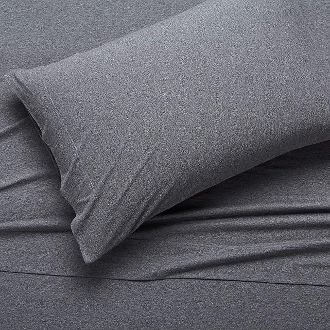 Amazon Basics Breathable, Stretchy 3 Piece Bed Sheet Set, 100% Cotton Jersey Knit, Includes Flat and Fitted Sheets, Pillowcase, Machine Washable, Twin, Dark Gray, Solid
