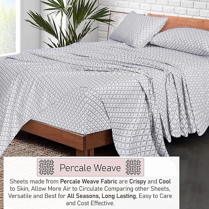 RUVANTI 100% Cotton Sheets – King Size Percale Bedding, Cooling & Breathable Floral Design, Durable with a Crisp, Soft & Comfortable Feel, 16" Deep Pocket, 4-Piece Set, Idiomatic Expression