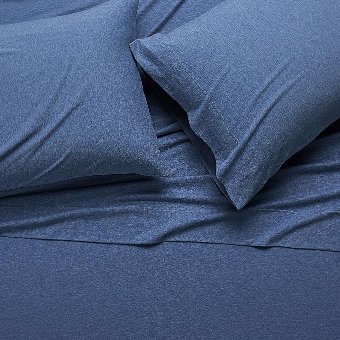 Amazon Basics 4 Piece Breathable Cotton Jersey Knit Bed Sheet Set with Deep Pockets, Stretchy Sheets, Queen, Chambray