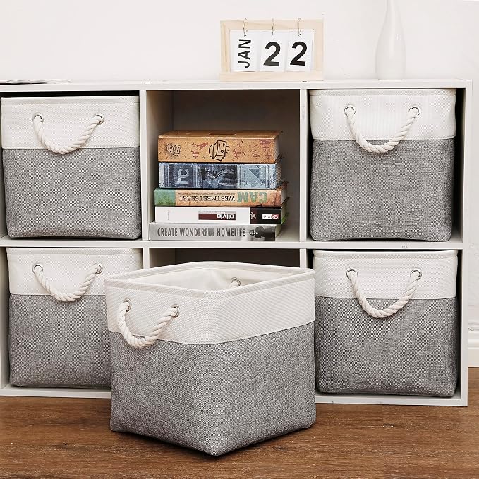 Cube Storage Bins, 6 Pack Collapsible Fabric Storage Cubes, 11 Inch Cube Organizer Bins with Handles (White/Gray) - Image 5