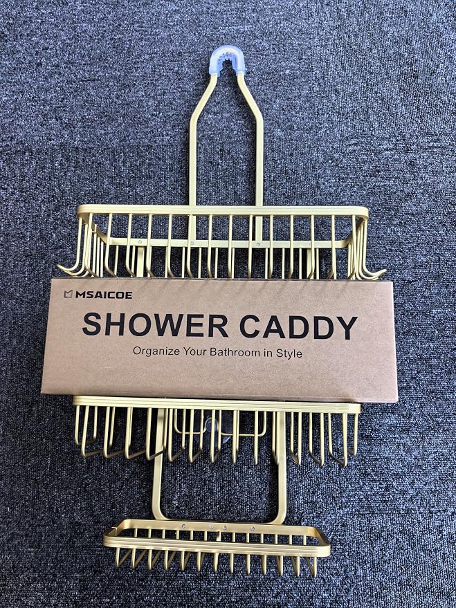 Shower Caddy Hanging - Never Rust Shower Hanging Organizer - Aluminum Over the ShowerHead Caddy with Soap Basket and 6 Razor/Sponge Hooks (Gold) - Image 9