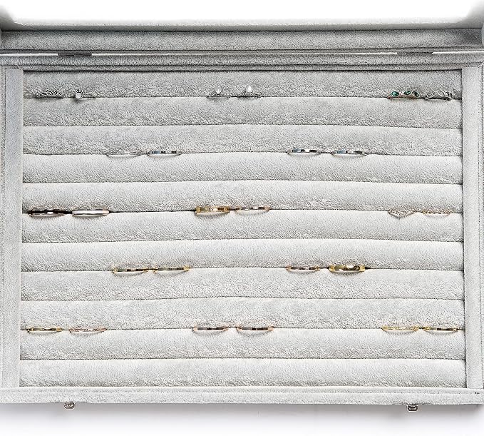 Frebeauty Rings/Earrings Organizer Tray with Clear Lid 10 Slots Velvet Drawer Insert Jewelry Storage box with Glass lid Jewelry Display Case Showcase Gift for Girls Women (Grey, 10 Slots) - Image 5