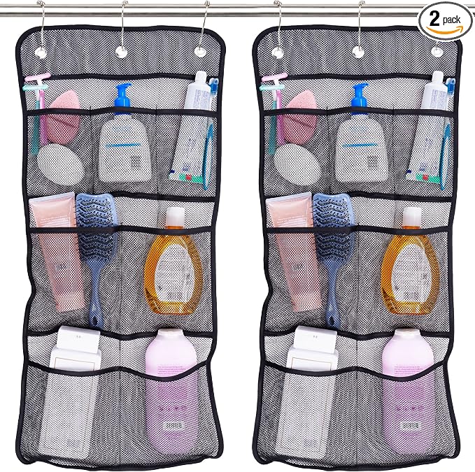 S&T INC. Shower Organizer, Shower Caddy or Bathroom Organizer with Quick Drying Mesh, 7 Pockets to Hold Shampoo, Soap, Loofah, and Cruise Ship Essentials, 14 Inch by 30 Inch, Black, 2 Pack by STINC