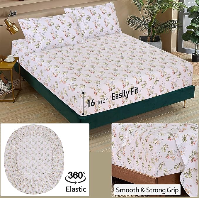 RUVANTI 100% Cotton Sheets – Twin Size Percale Bedding, Cooling & Breathable Floral Design, Durable with a Crisp, Soft & Comfortable Feel, 16" Deep Pocket, 3-Piece Set, Floral Bliss