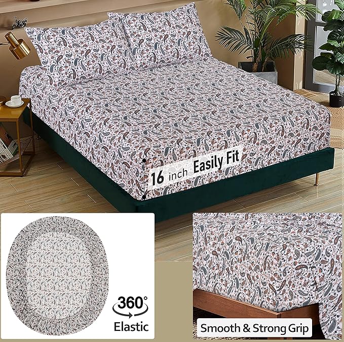 RUVANTI 100% Cotton Sheets – Twin XL Size Percale Bedding, Cooling & Breathable Floral Design, Durable with a Crisp, Soft & Comfortable Feel, 16" Deep Pocket, 3-Piece Set, Teal Paisley