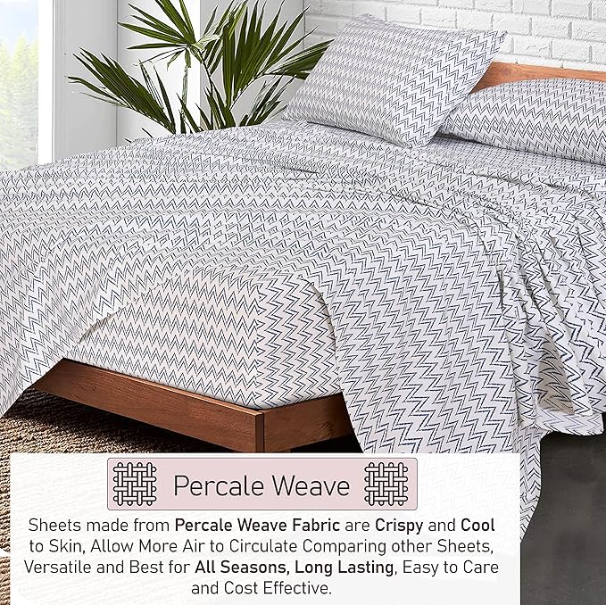 RUVANTI 100% Cotton Sheets – Queen Size Percale Bedding, Cooling & Breathable Floral Design, Durable with a Crisp, Soft & Comfortable Feel, 16" Deep Pocket, 4-Piece Set, Chevron