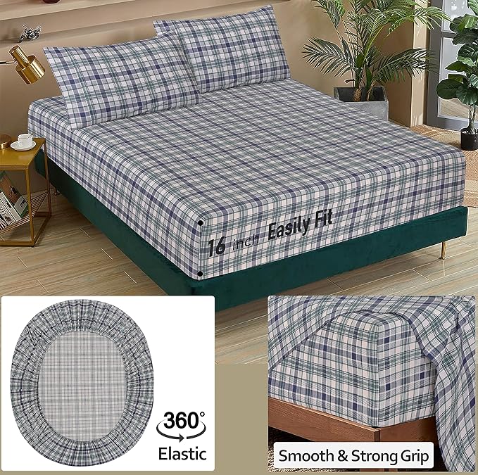 RUVANTI 100% Cotton Sheets – Twin XL Size Percale Bedding, Cooling & Breathable Floral Design, Durable with a Crisp, Soft & Comfortable Feel, 16" Deep Pocket, 3-Piece Set, Greenish Blue Plaid