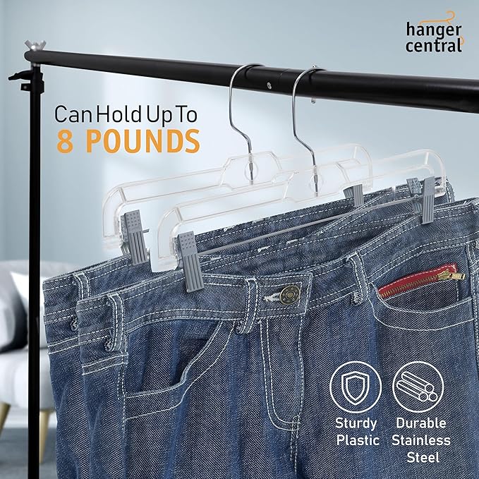 Hanger Central Premium 14 Inch Clear Pants Hangers with Adjustable Clips - 25 Pack Space-Saving Skirt Hangers - Non-Slip Heavy Duty Plastic Closet Organizers with 360° Swivel Hook - Image 5