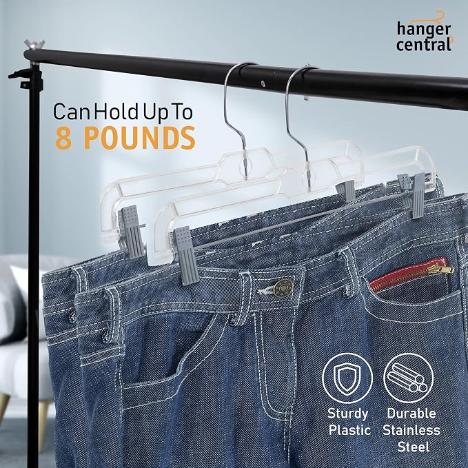 Hanger Central Premium 14 Inch Clear Pants Hangers with Adjustable Clips - 12 Pack Space-Saving Skirt Hangers - Non-Slip Heavy Duty Plastic Closet Organizers with 360° Swivel Hook - Image 5