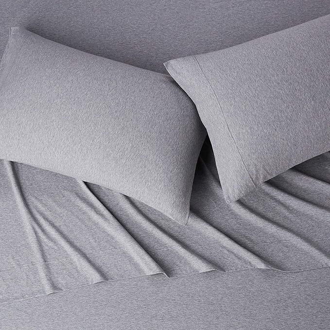 Amazon Basics 4 Piece Breathable 100% Cotton Jersey Knit Bed Sheet Set, Includes Flat and Fitted Sheets, Pillowcase, Stretchy, Full, Light Gray, Solid