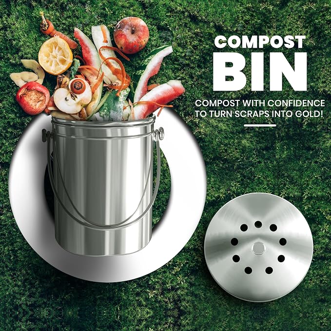 Utopia Kitchen Compost Bin for Kitchen Countertop, 1 Gallon Compost Bucket for Kitchen with Lid, Includes 1 Spare Charcoal Filter (Silver) - Image 2